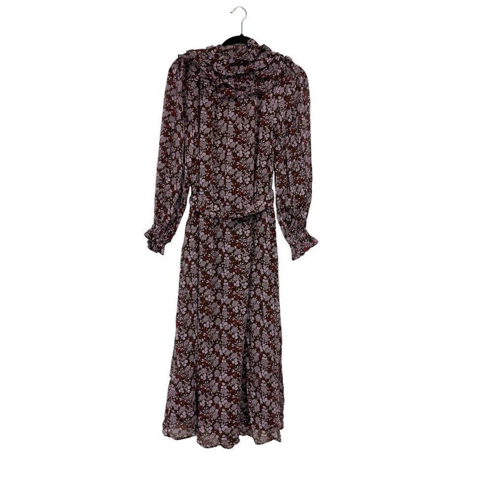 Boden Womens Midi Dress UK 8R US 4R Brown Purple Floral Ruffle Yoke D0307 NWT - Picture 3 of 10